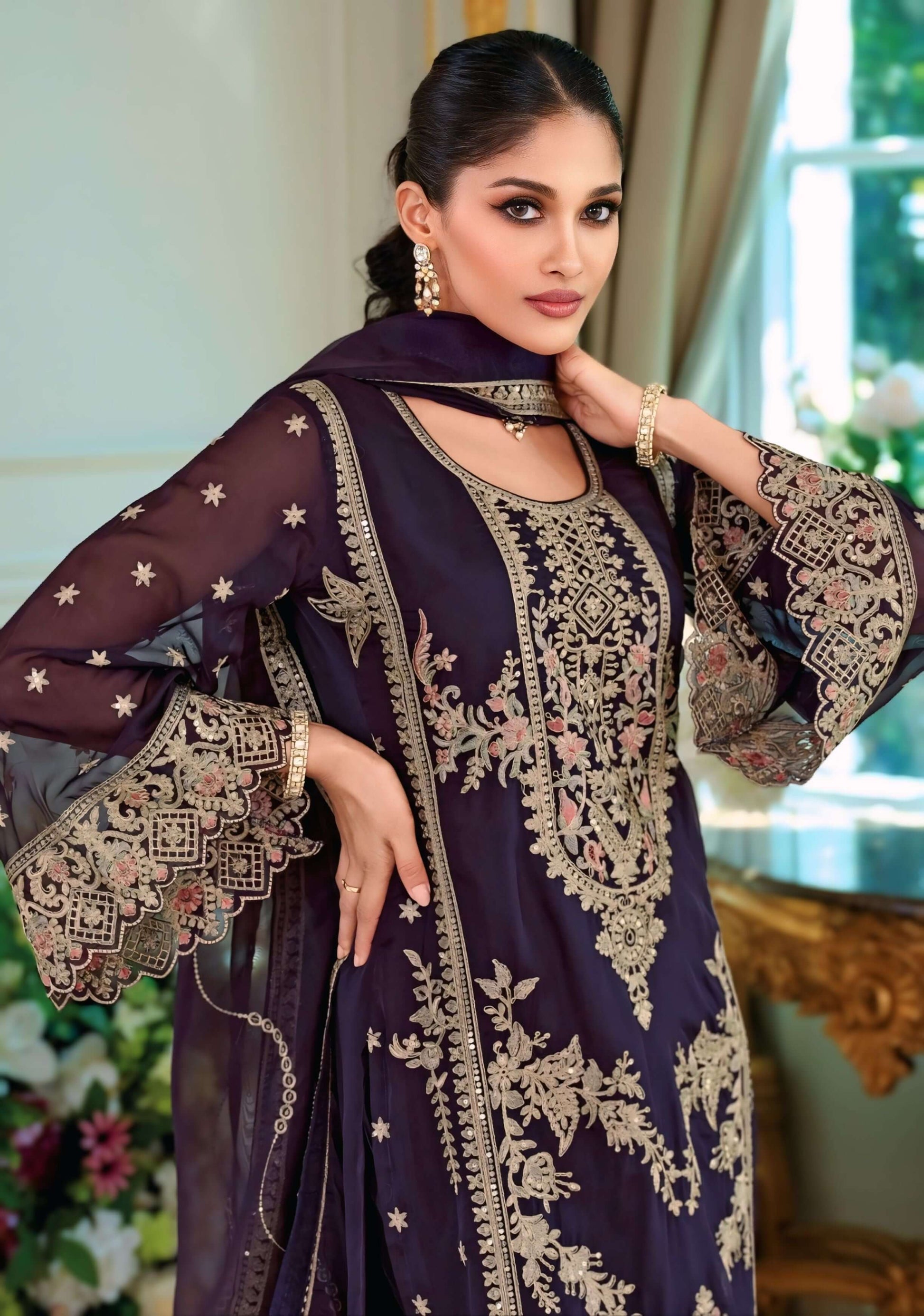 Elegant woman modeling an embroidered organza salwar suit with intricate designs, perfect for festive occasions.