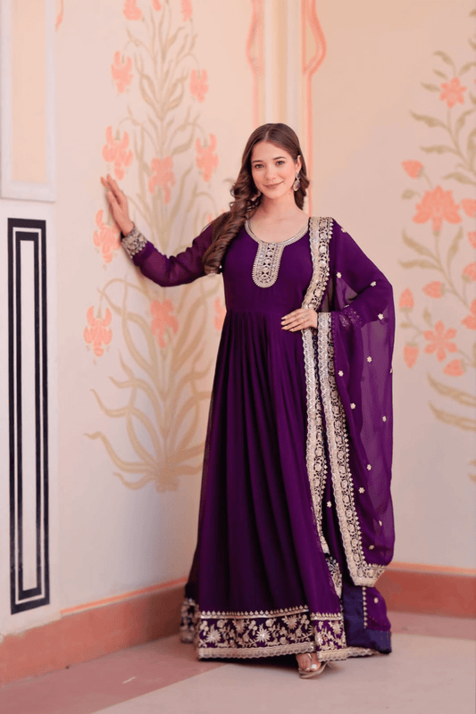 Designer Anarkali Gown with Zari and Sequin Embroidery – Ethnic Dupatta Set for Women