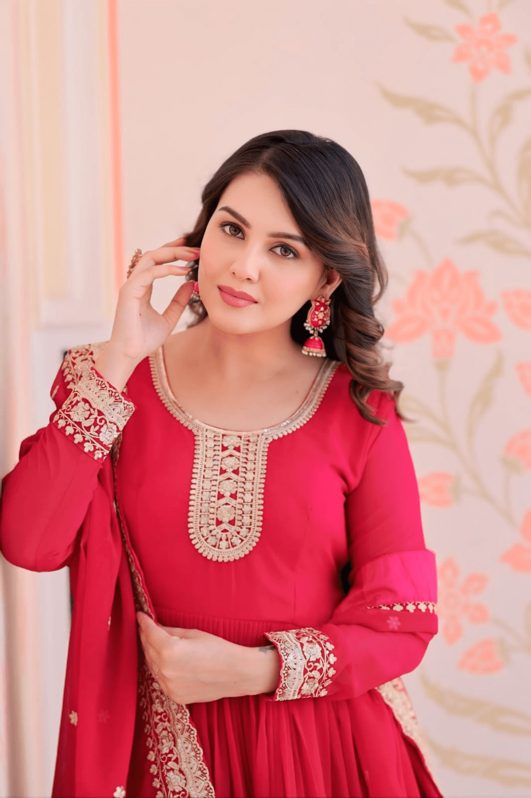 Traditional Ethnic Gown in Rani Pink with Heavy Zari and Sequin Work