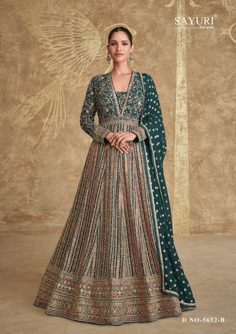 Elegant green Designer Anarkali gown by Sayuri with intricate embroidery and sequin work, perfect for festive occasions.