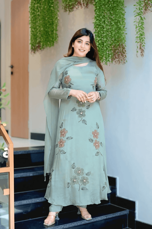 Sage green embroidered suit set for women